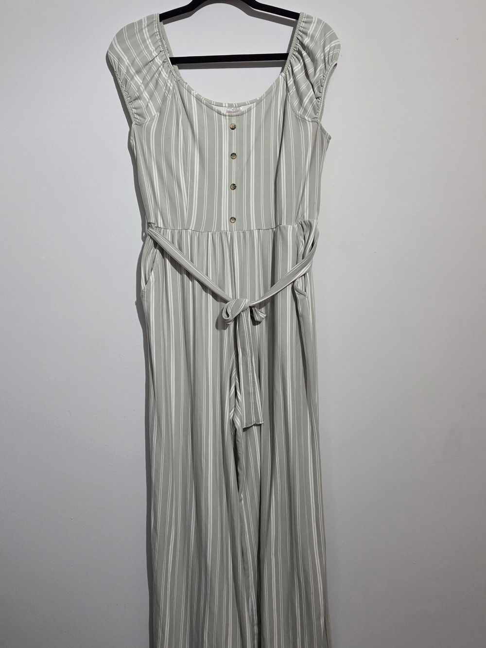 No Boundaries Sage Green and White Striped Jumpsuit